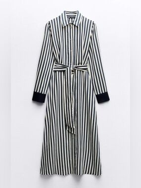 Zara Navy and White Long-Sleeve Striped Tie-Waist Shirtdress